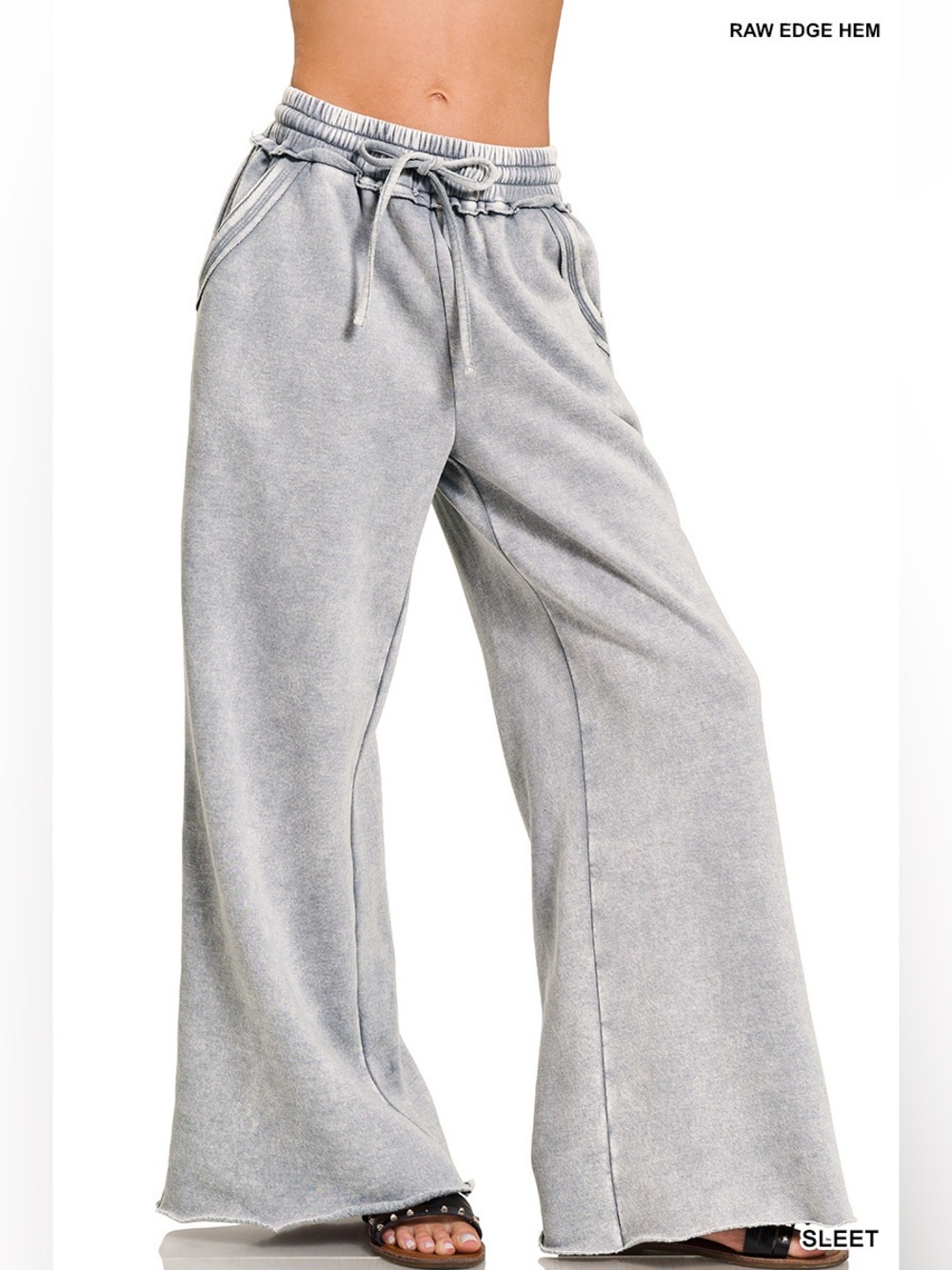 Zenana Sleet Acid Wash Fleece Palazzo Sweatpants with Pockets